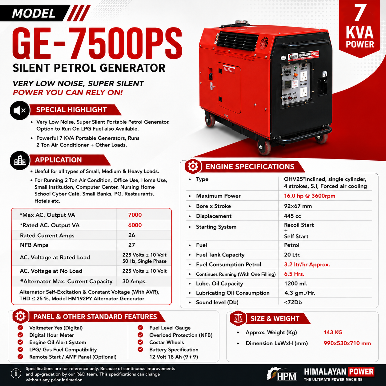 7 KVA  Petrol Generator, Model Silent GE-7500PS, Recoil & Self Start